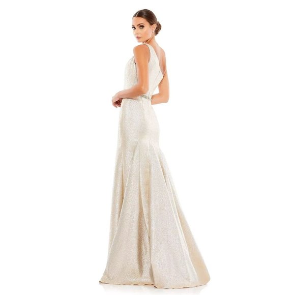 MAC DUGGAL Women's One Shoulder Metallic Ruffled Evening Gown Oyster 0 - Picture 4 of 9